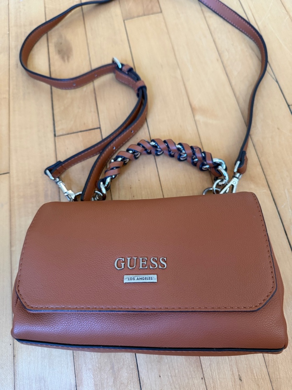 GUESS Brown Leather-Look Crossbody with Chain Handle
